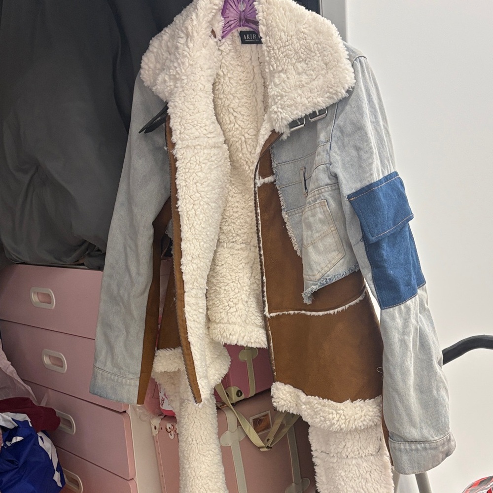 AKIRA Denim and Shearling Patchwork Jacket - image 1